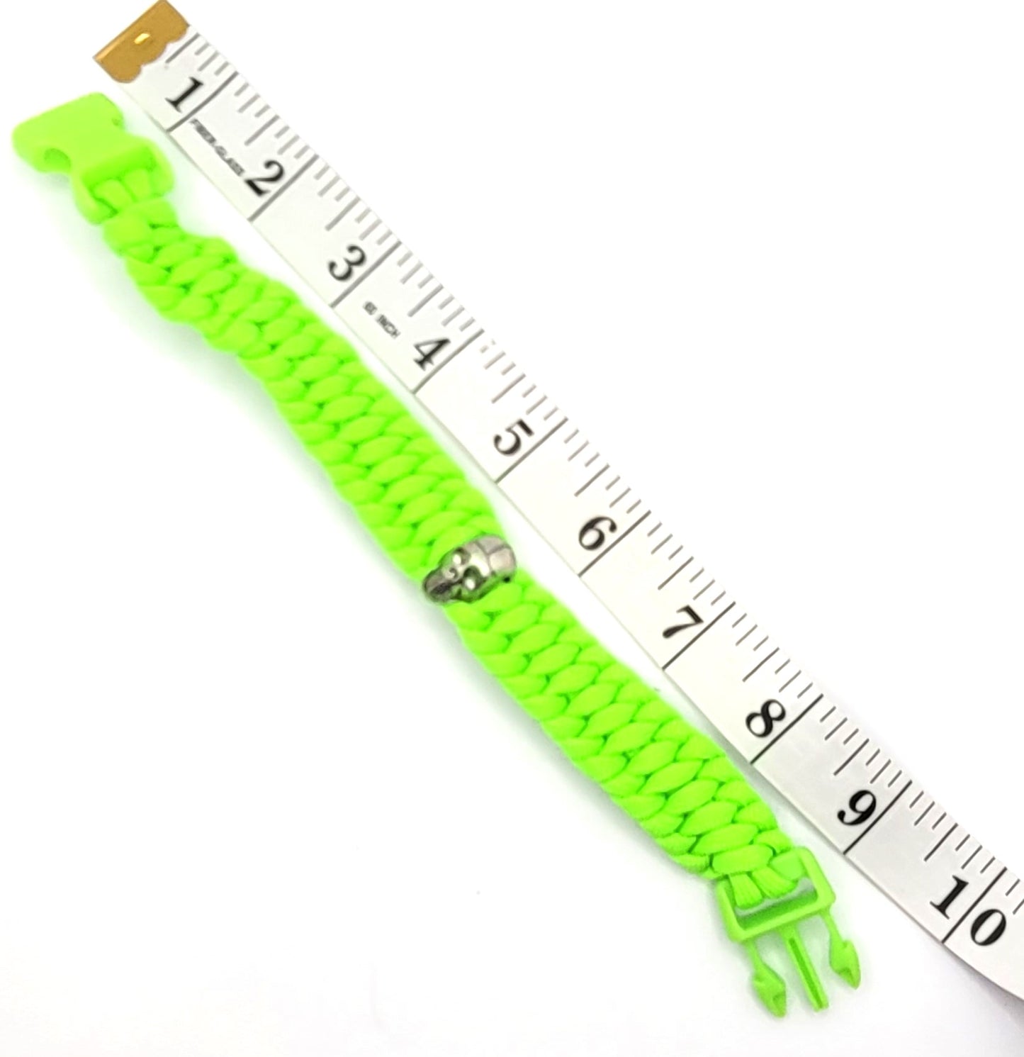 Fluorescent, Green, Paracord, Bracelet, Metal Skull Bead, Buckle, Flourscent Buckle, Silver, 9 Inches, Woven, Veteran Made, PTSD Therapy