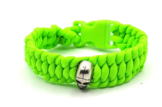 Fluorescent, Green, Paracord, Bracelet, Metal Skull Bead, Buckle, Flourscent Buckle, Silver, 9 Inches, Woven, Veteran Made, PTSD Therapy