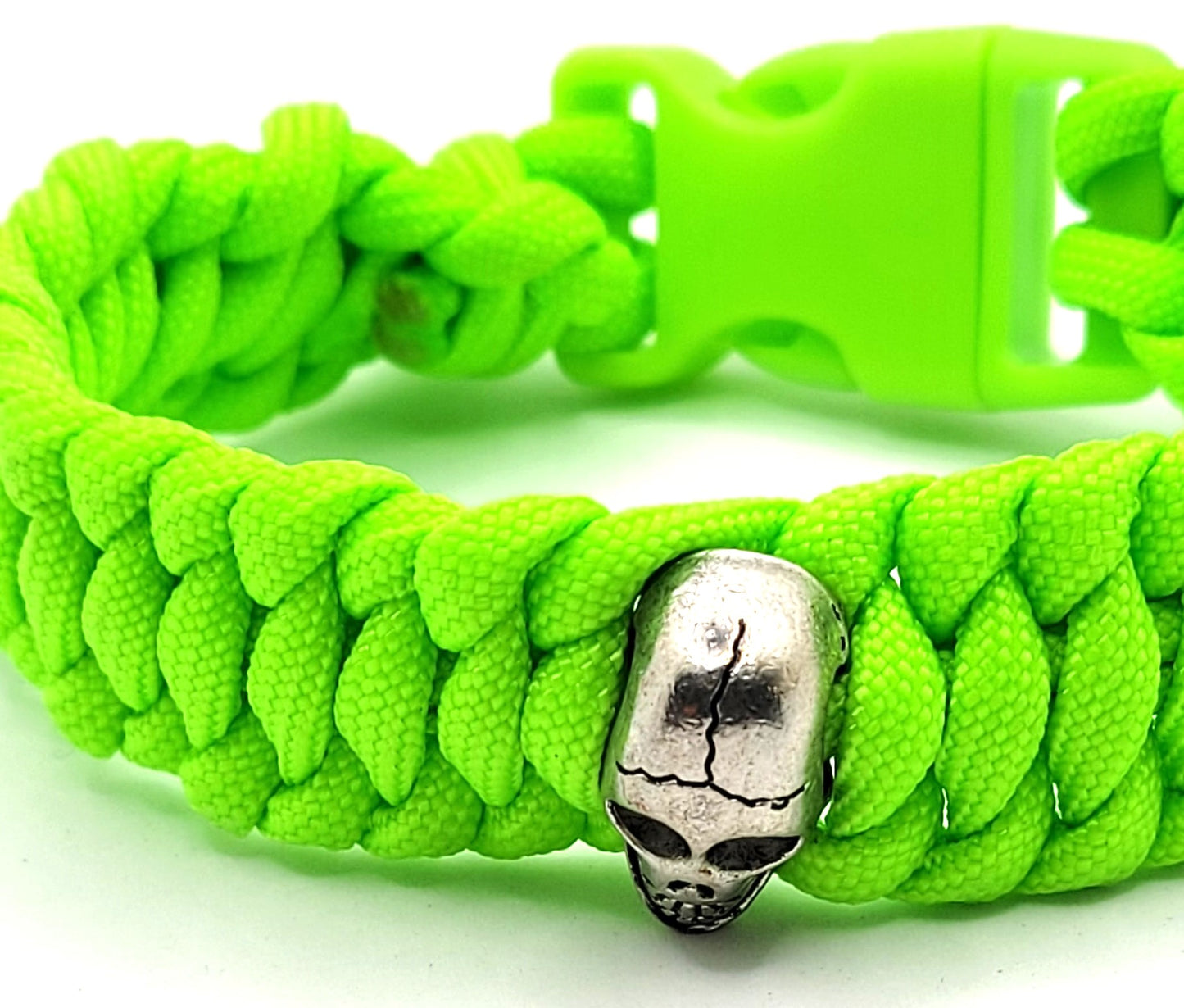 Fluorescent, Green, Paracord, Bracelet, Metal Skull Bead, Buckle, Flourscent Buckle, Silver, 9 Inches, Woven, Veteran Made, PTSD Therapy