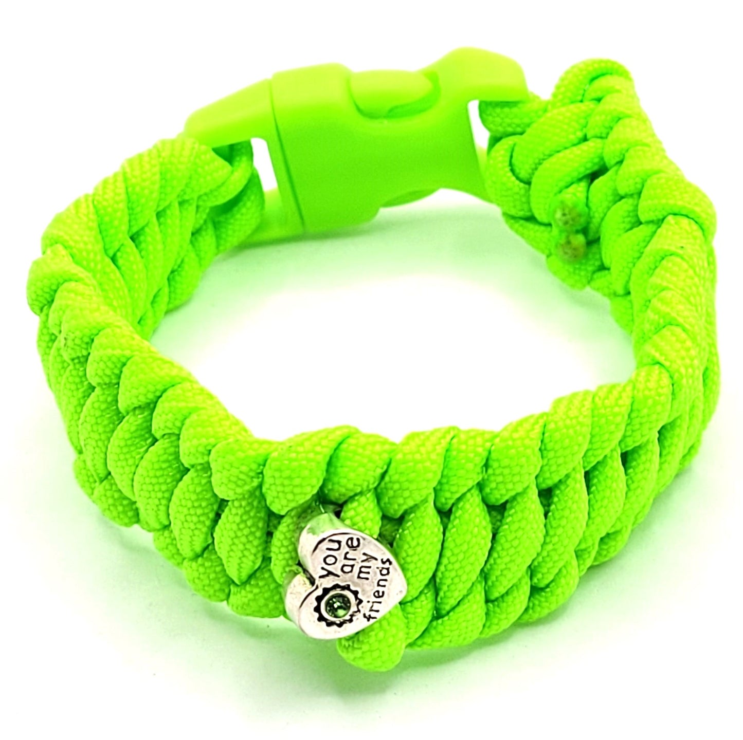 Flourescent, Green, Paracord, Bracelet, Metal, Heart, Bead, Buckle, Flourscent Buckle, Silver, 9 Inches, Woven, St Patricks Day, St Pattys