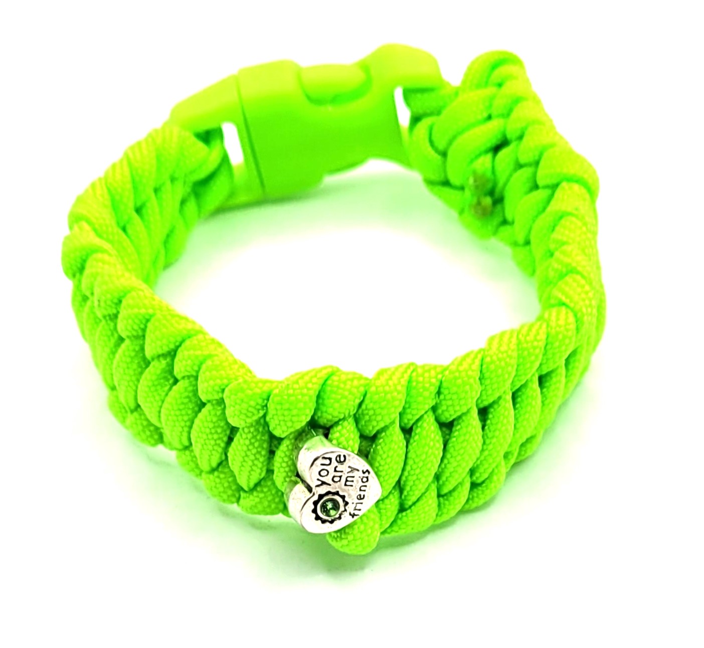 Flourescent, Green, Paracord, Bracelet, Metal, Heart, Bead, Buckle, Flourscent Buckle, Silver, 9 Inches, Woven, St Patricks Day, St Pattys