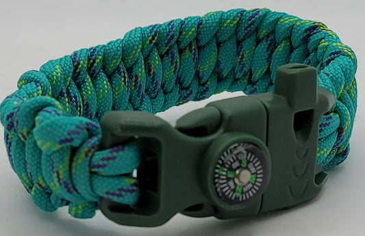 Variegated Green, Paracord, Bracelet, Tool buckle, Compass, Whistle, Firestarter, 9 inches, St Patricks Day, St Pattys Day, 3-17