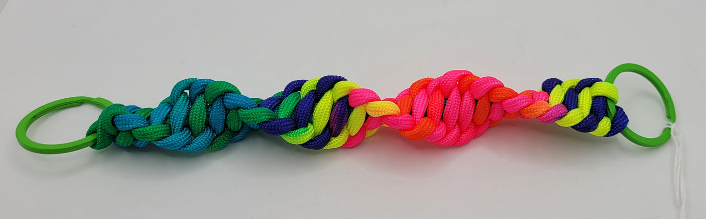 Handcrafted Bright Fluorescent Paracord Keychain, Two Green Keyrings, one each end, 9 Inches Long
