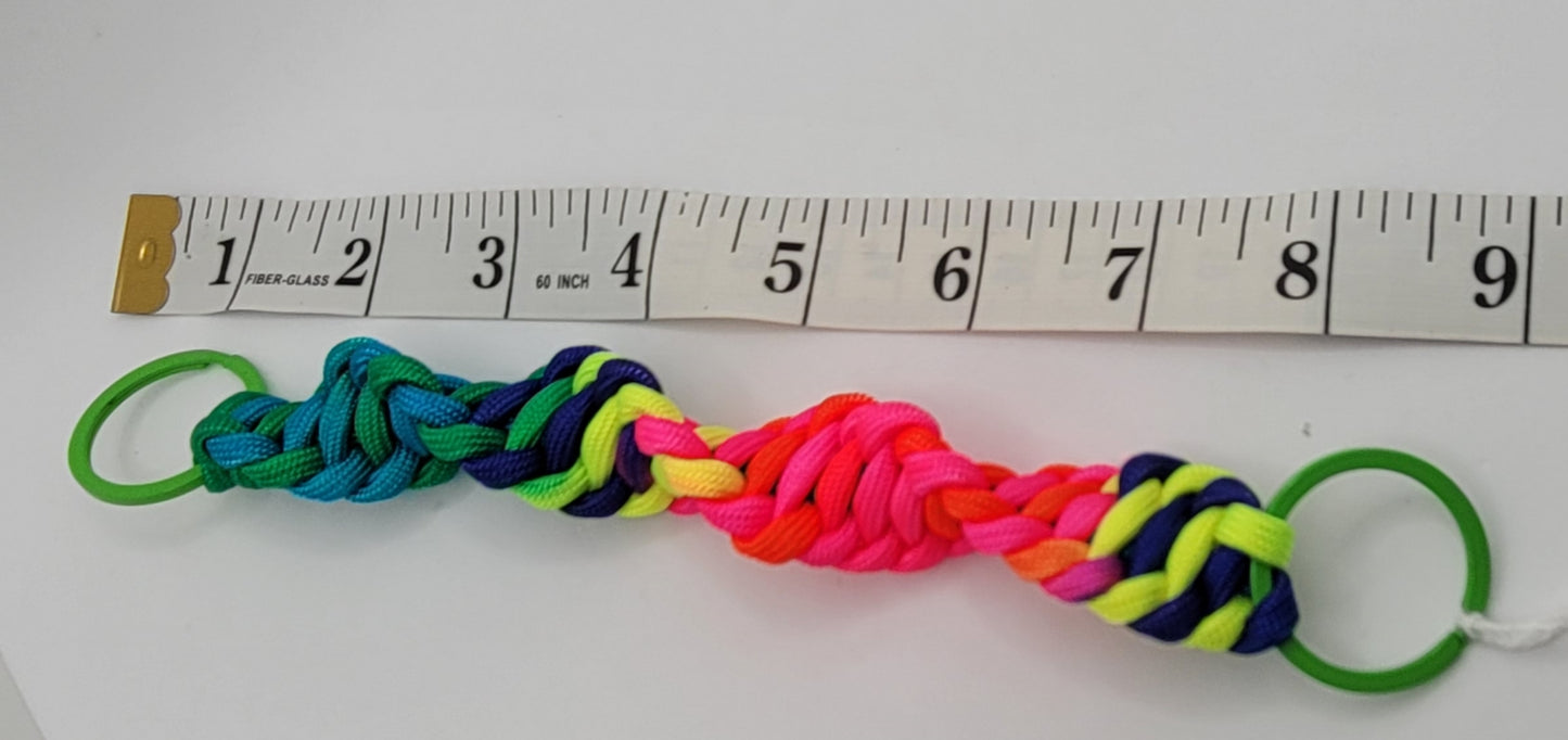 Handcrafted Bright Fluorescent Paracord Keychain, Two Green Keyrings, one each end, 9 Inches Long