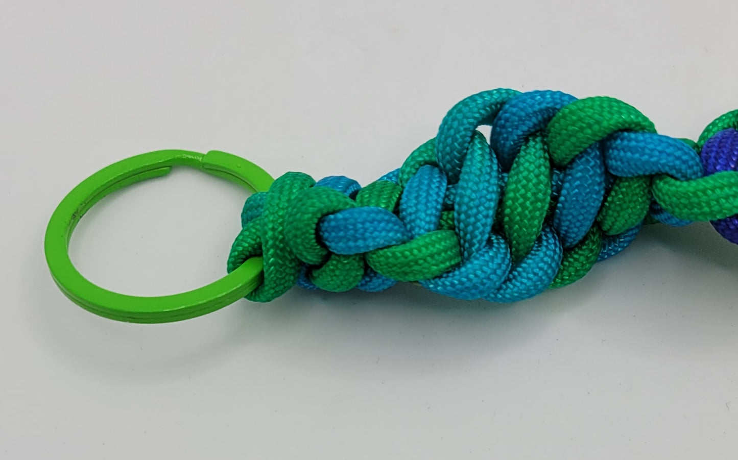 Handcrafted Bright Fluorescent Paracord Keychain, Two Green Keyrings, one each end, 9 Inches Long