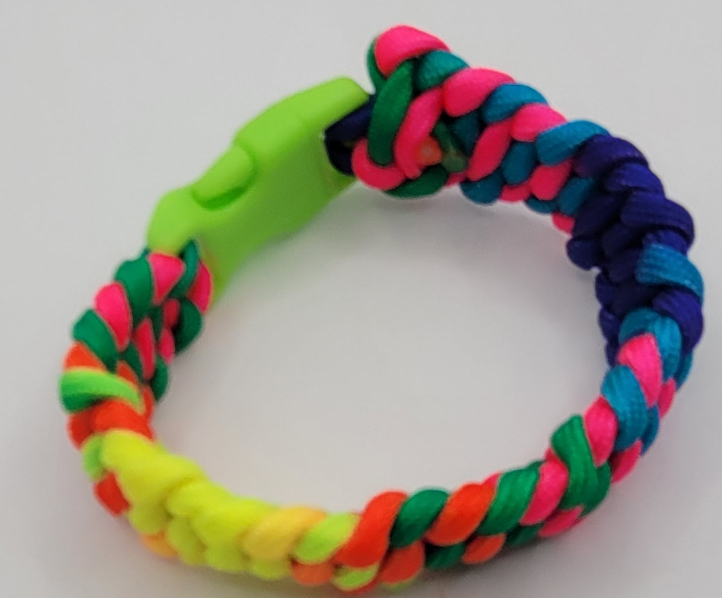 Handcrafted Fluorescent paracord bracelet with a green neon buckle