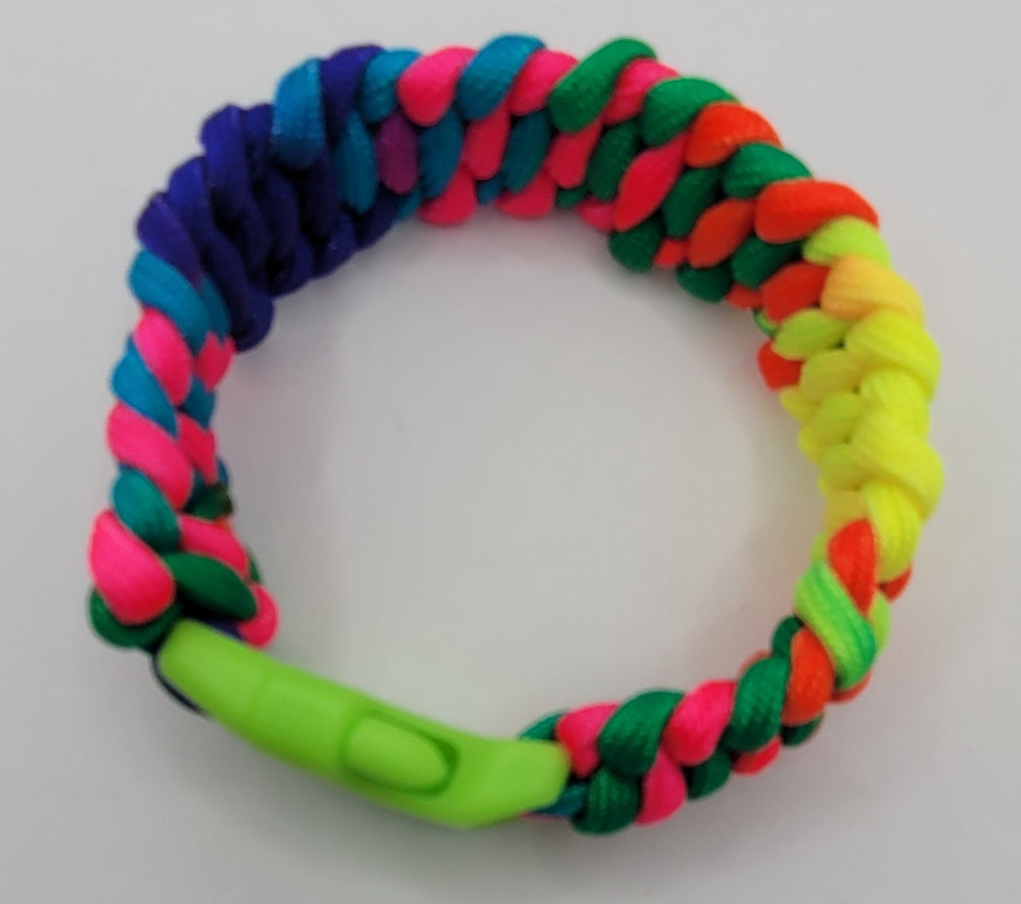 Handcrafted Fluorescent paracord bracelet with a green neon buckle