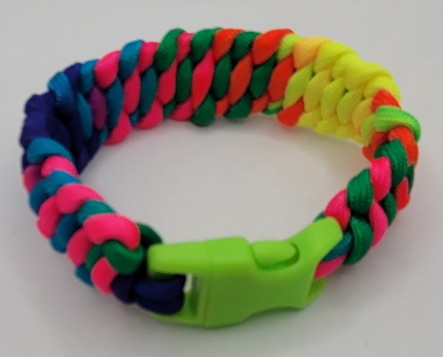 Handcrafted Fluorescent paracord bracelet with a green neon buckle