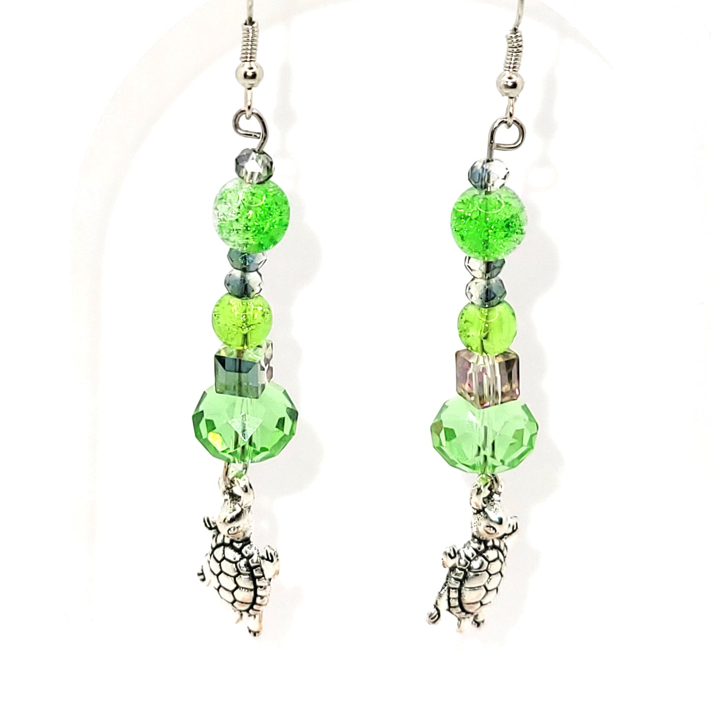 Handcrafted 2 inch long green beaded turtle charm dangle earring