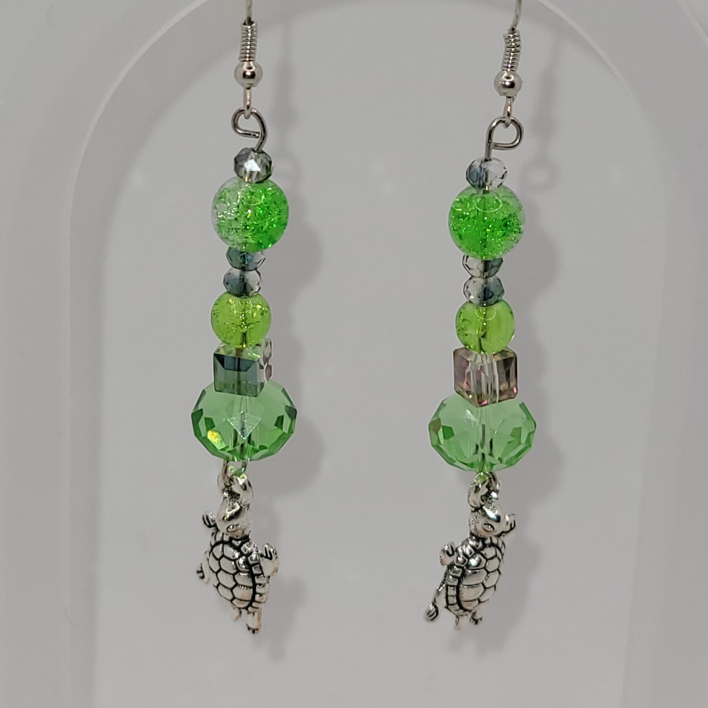 Handcrafted 2 inch long green beaded turtle charm dangle earring