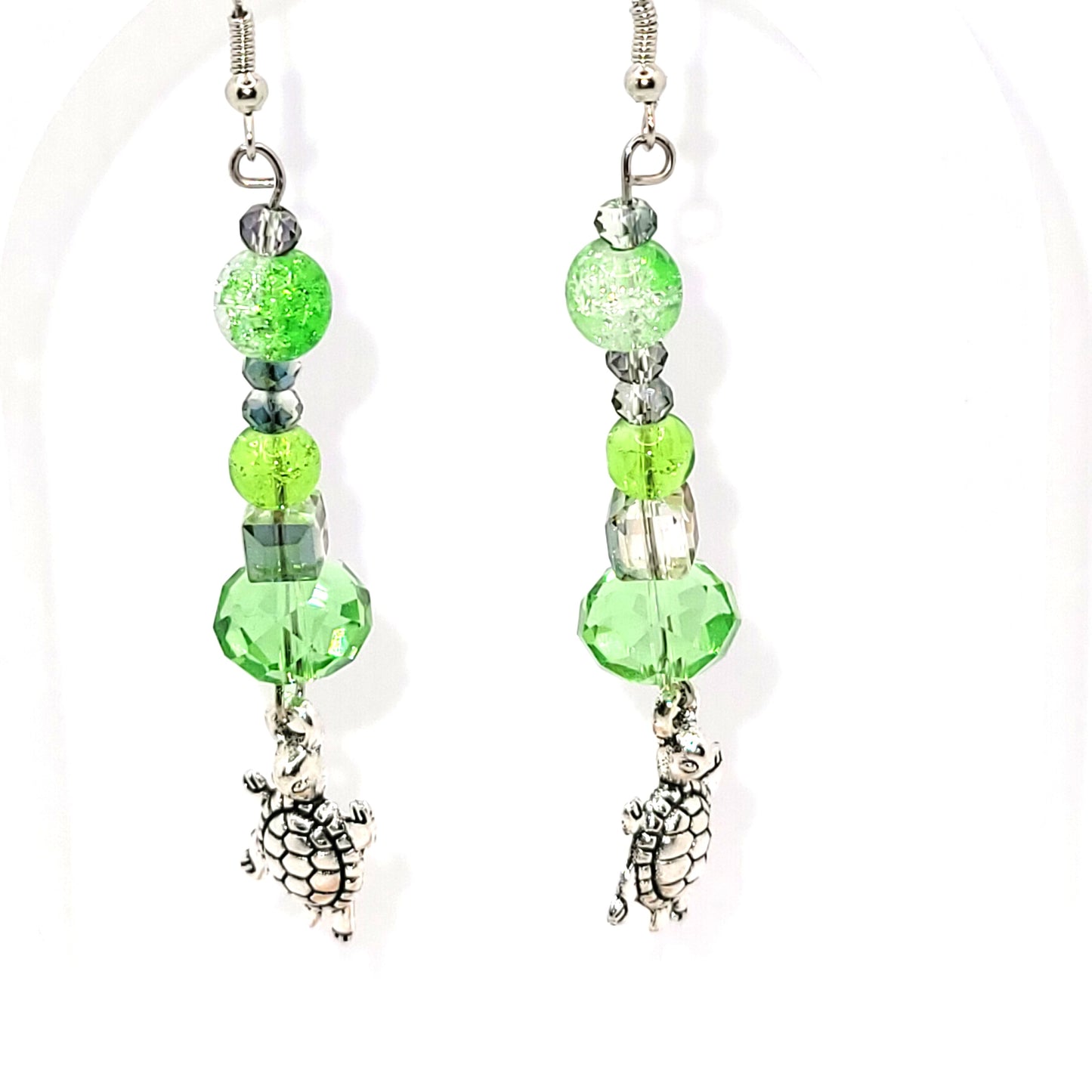 Handcrafted 2 inch long green beaded turtle charm dangle earring