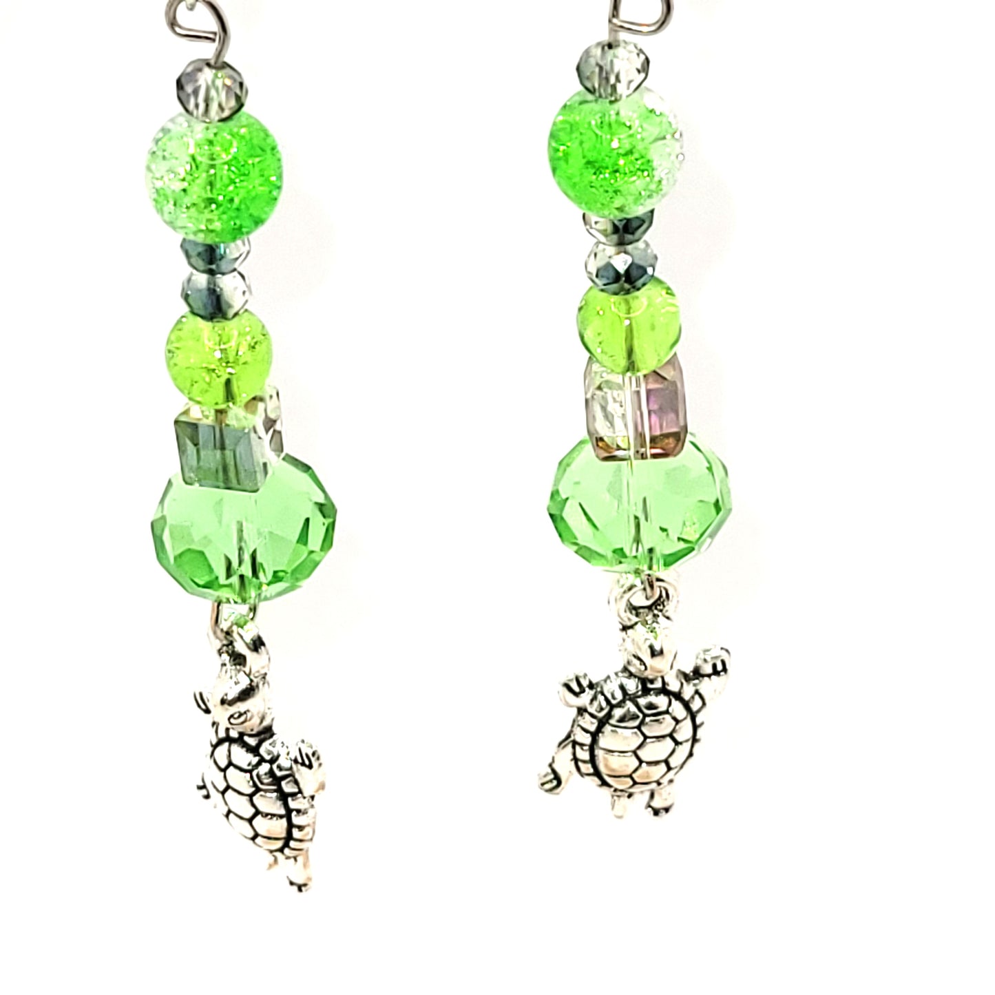 Handcrafted 2 inch long green beaded turtle charm dangle earring