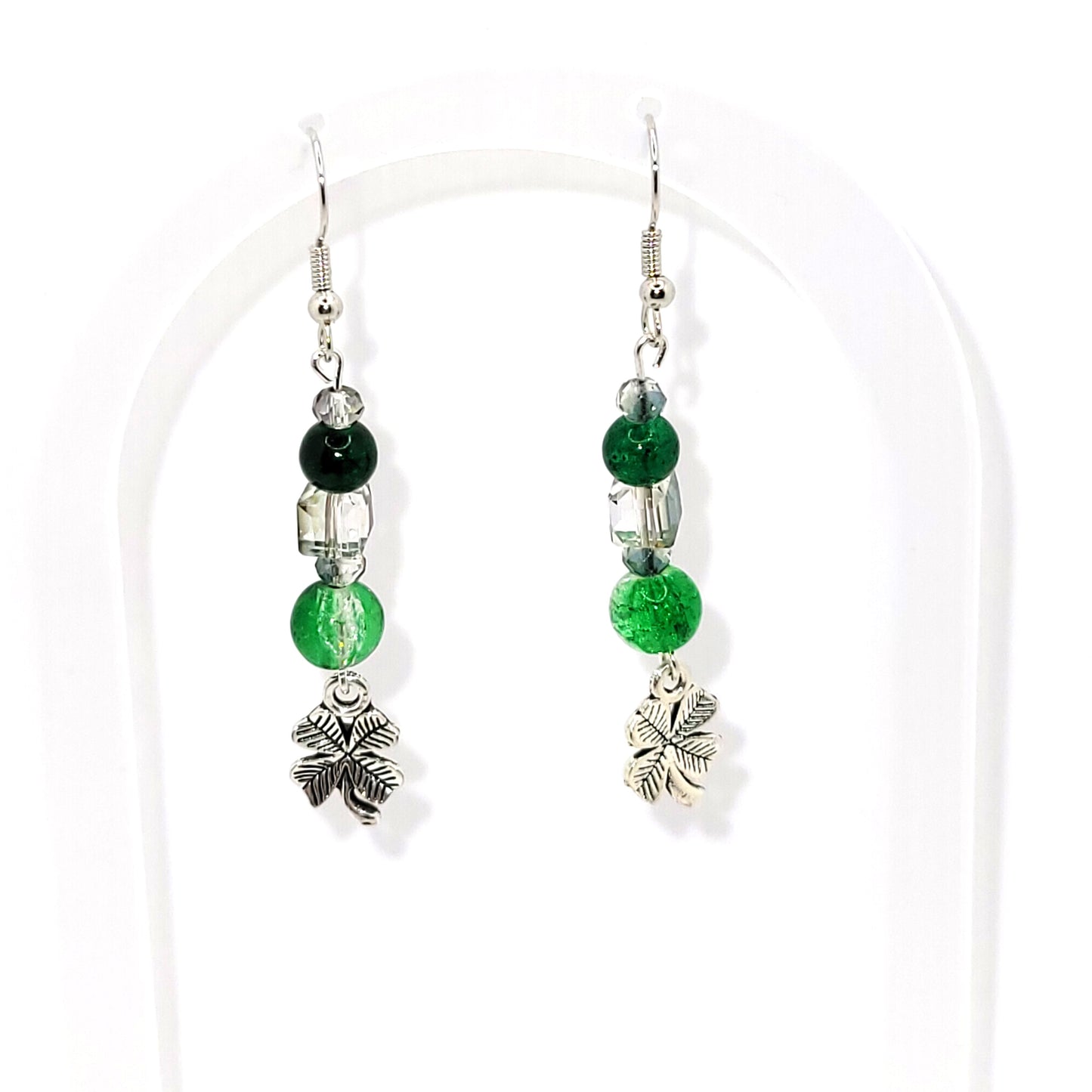 Green Beaded with Shamrock Charm, Silver Toned, French Hook, Dangle Earring, St Patrick Day