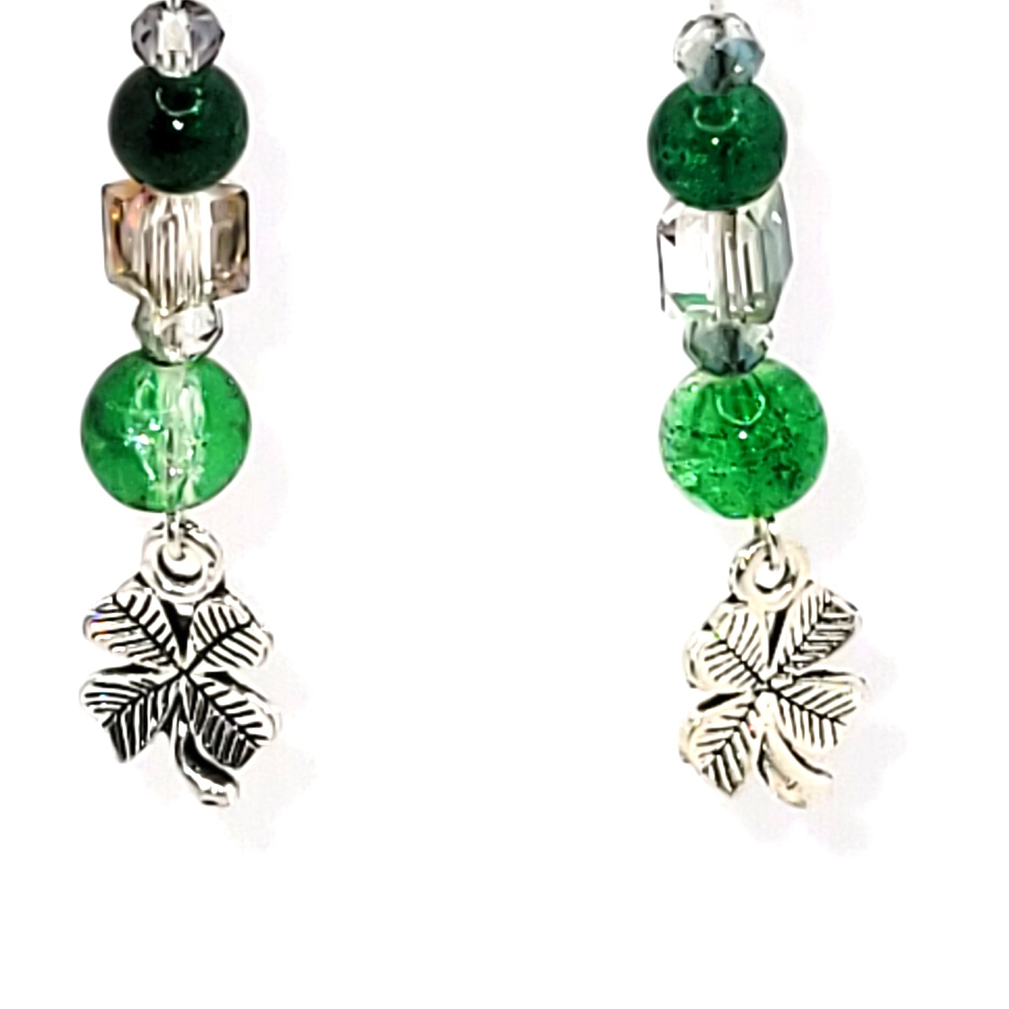 Green Beaded with Shamrock Charm, Silver Toned, French Hook, Dangle Earring, St Patrick Day