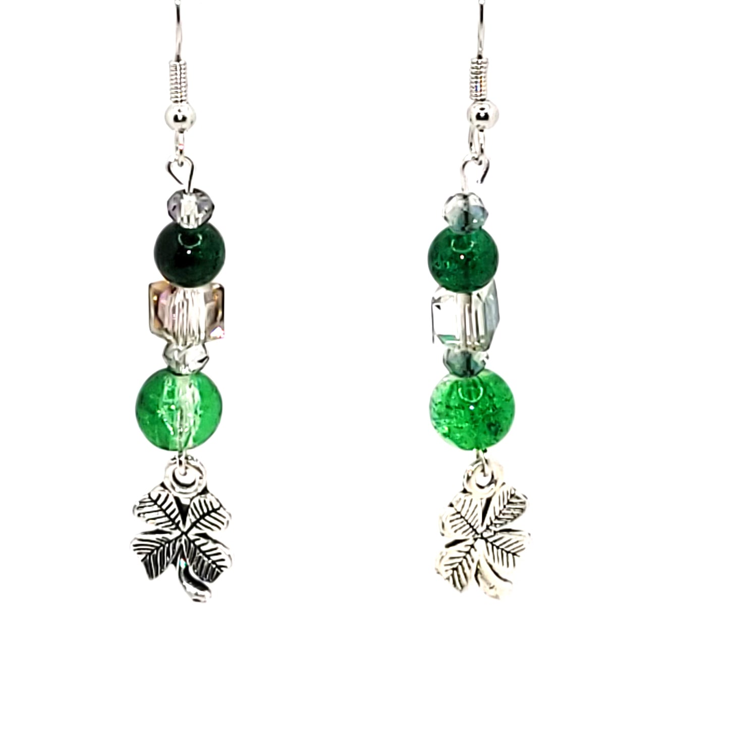 Green Beaded with Shamrock Charm, Silver Toned, French Hook, Dangle Earring, St Patrick Day