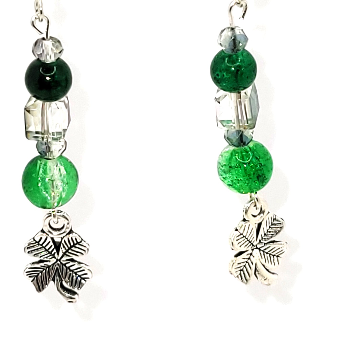 Green Beaded with Shamrock Charm, Silver Toned, French Hook, Dangle Earring, St Patrick Day