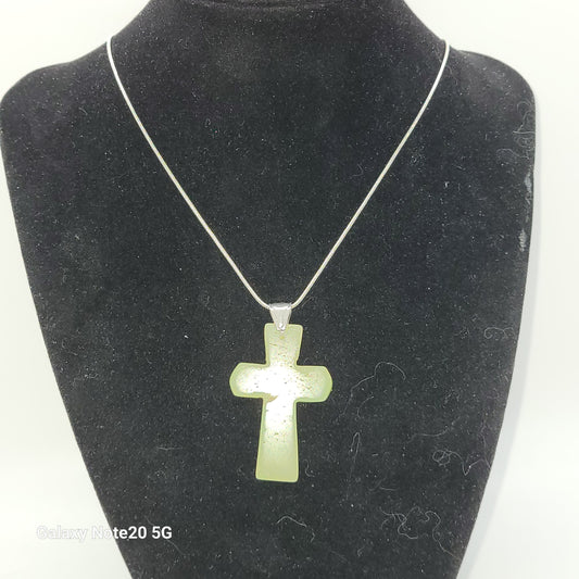 Handcrafted Green Stone Cross on Silver Snake Chain, 18 inch chain