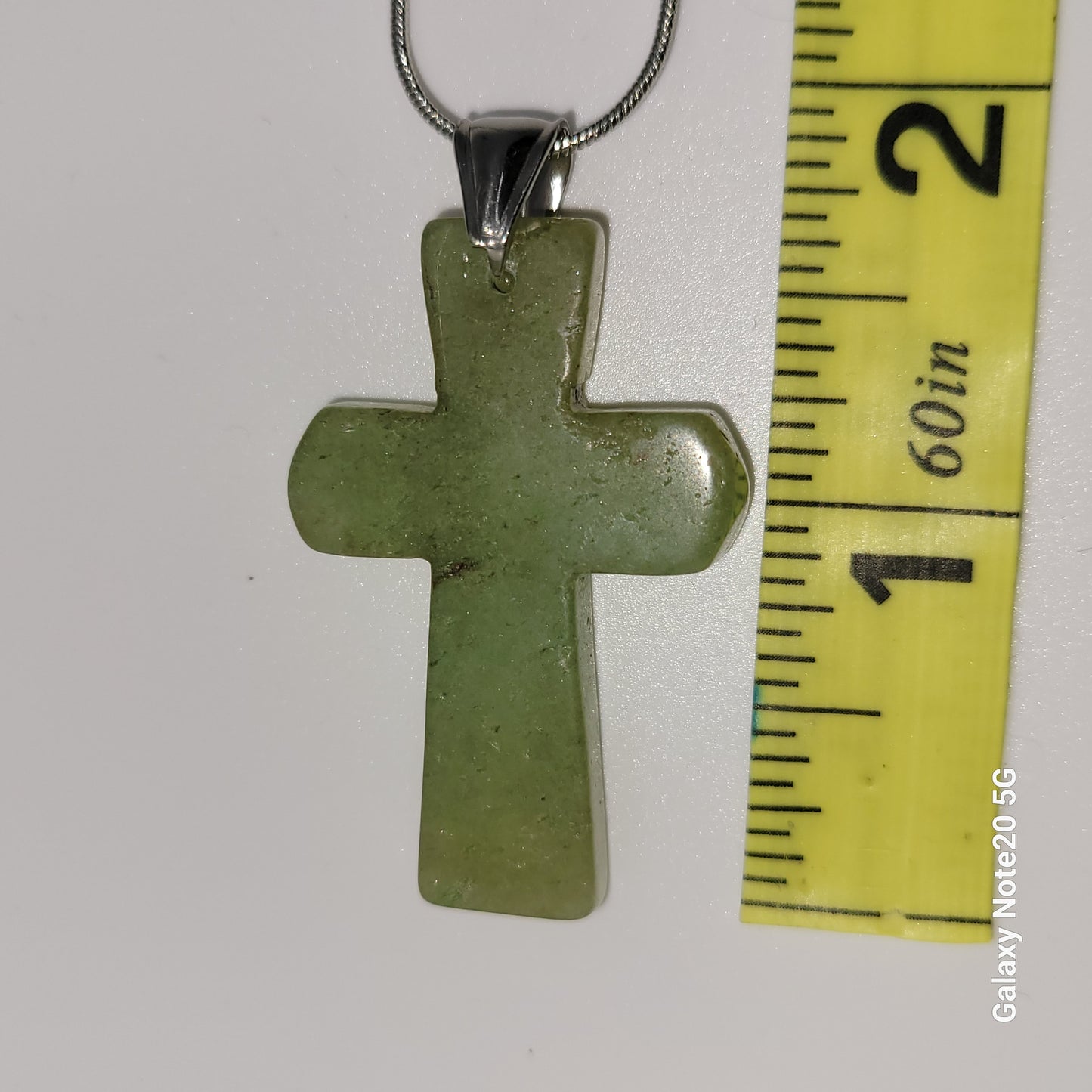 Handcrafted Green Stone Cross on Silver Snake Chain, 18 inch chain