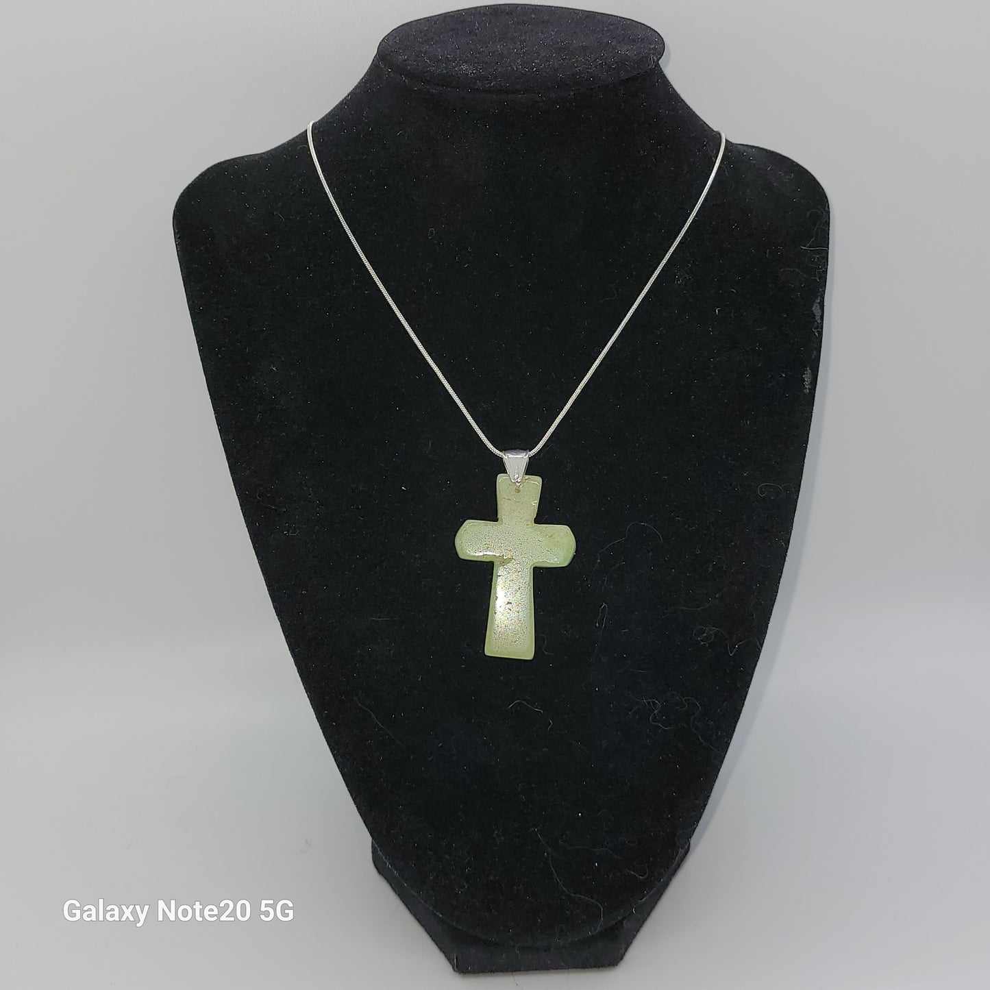 Handcrafted Green Stone Cross on Silver Snake Chain, 18 inch chain