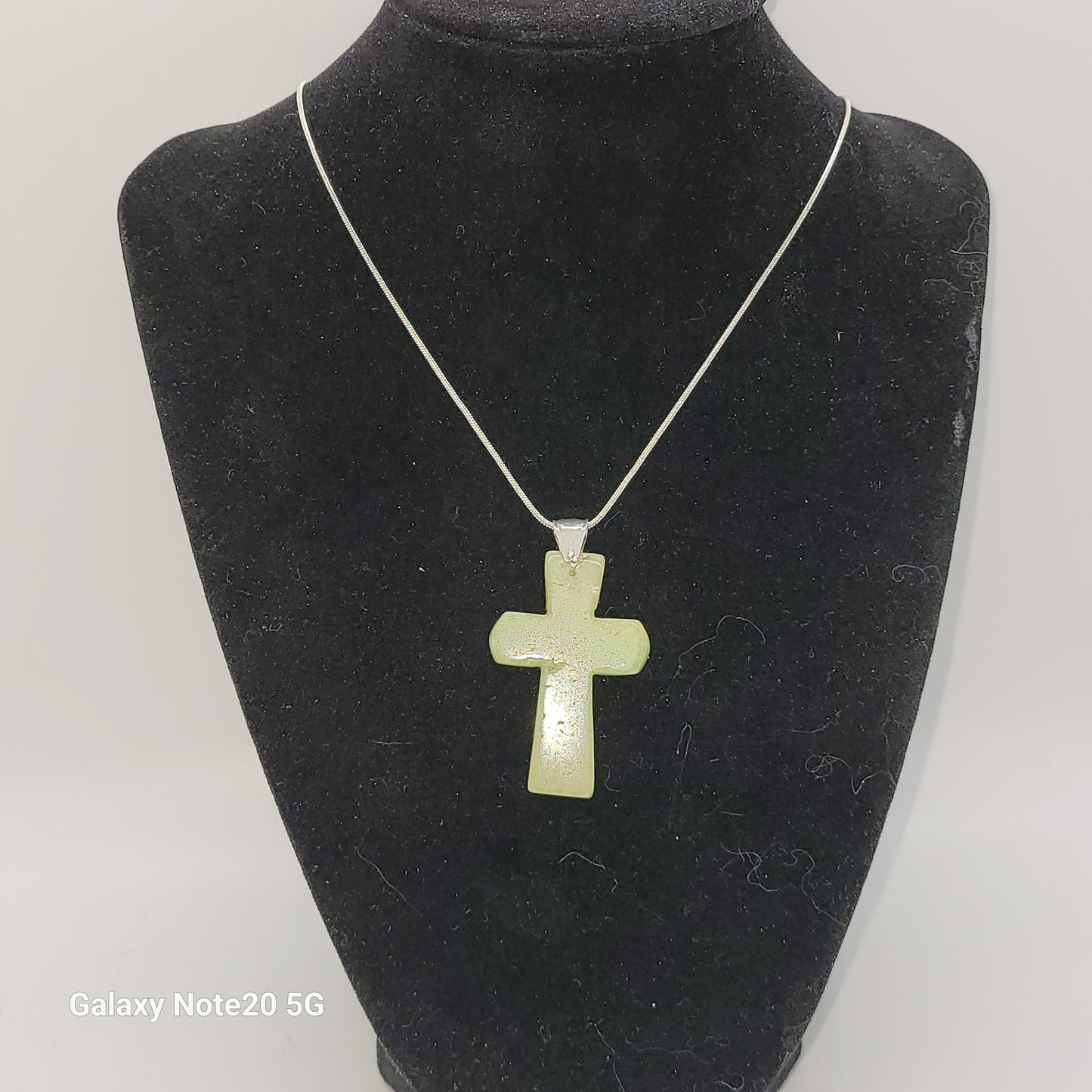 Handcrafted Green Stone Cross on Silver Snake Chain, 18 inch chain