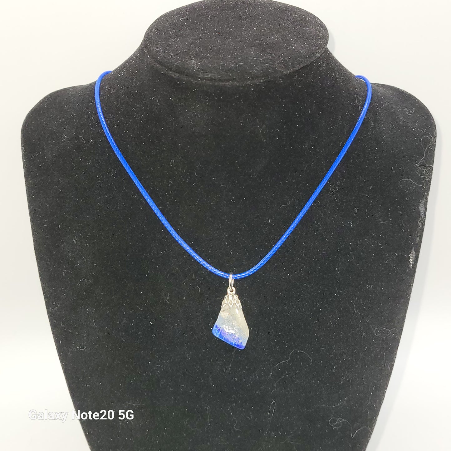 Handcrafted Polished Lapis Pendant Necklace, 18 inches, Waxed Blue leather cord