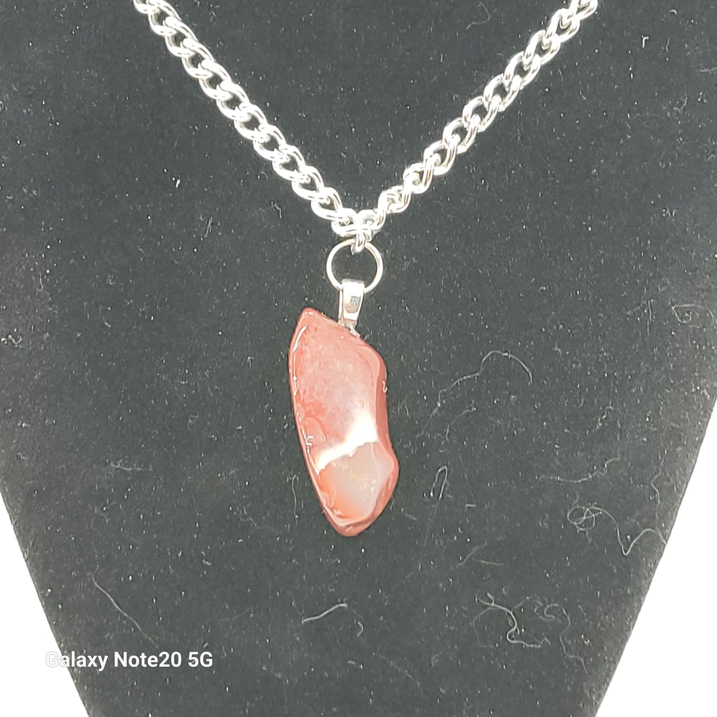 Handcrafted Red Jasper with White Quartz stripe Pendant Necklace, thick silver toned chain, 18 inch chain