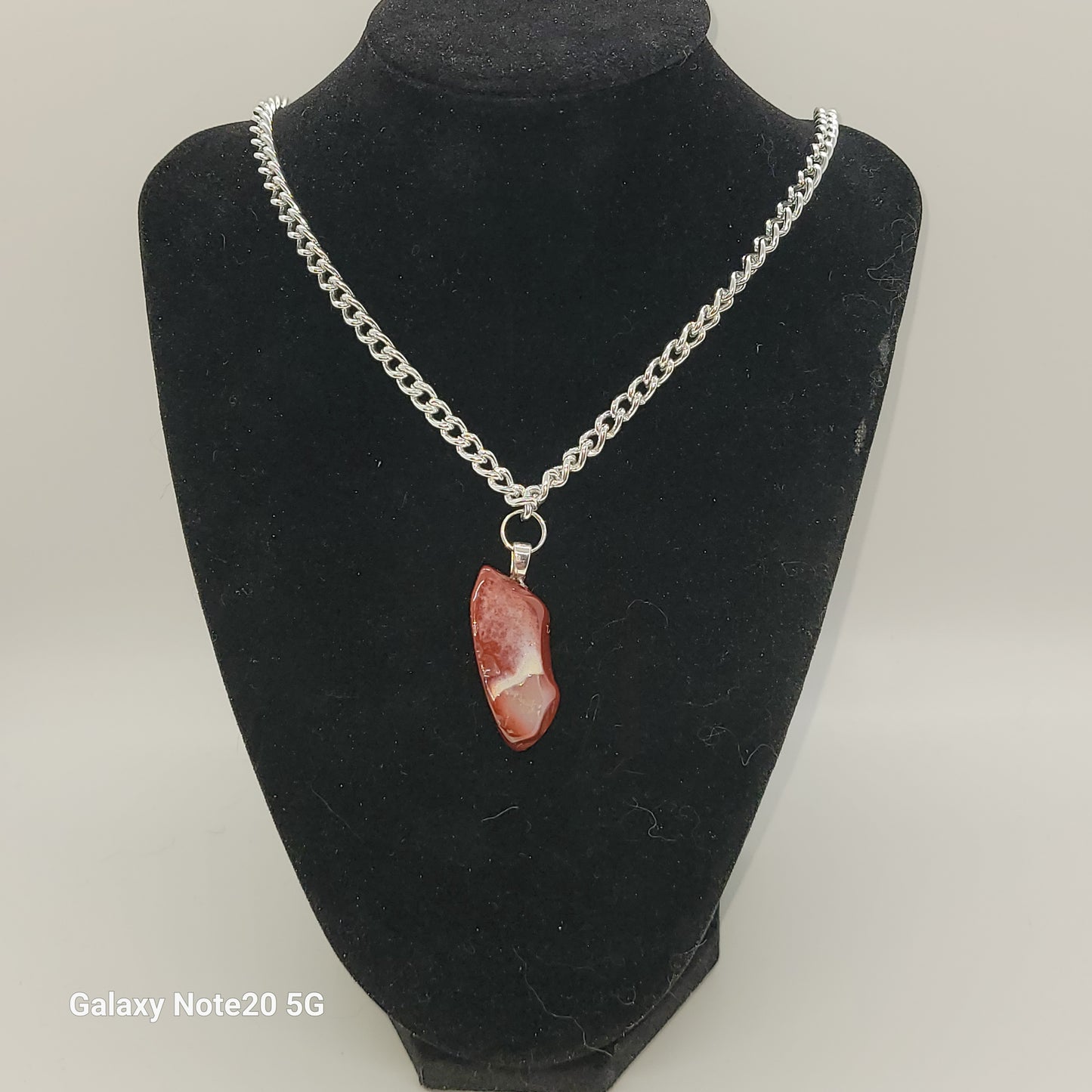 Handcrafted Red Jasper with White Quartz stripe Pendant Necklace, thick silver toned chain, 18 inch chain