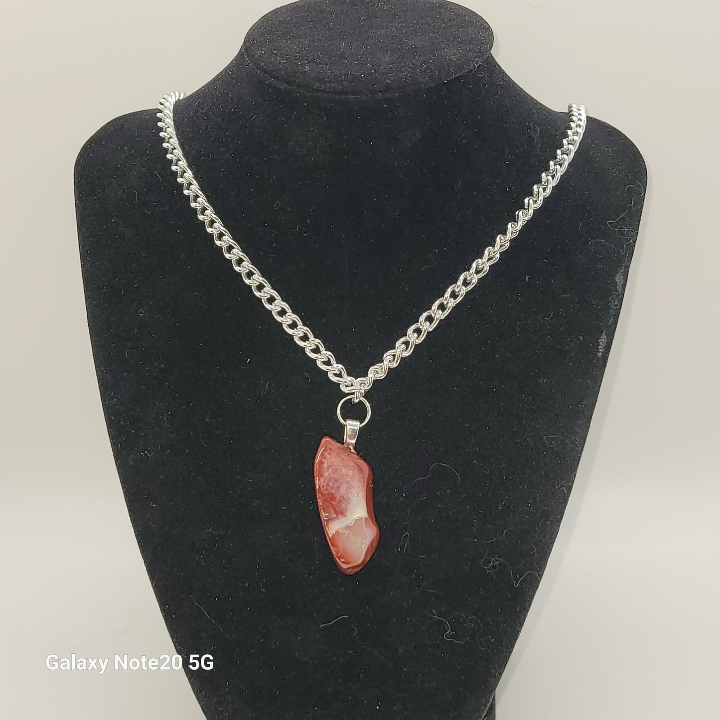 Handcrafted Red Jasper with White Quartz stripe Pendant Necklace, thick silver toned chain, 18 inch chain