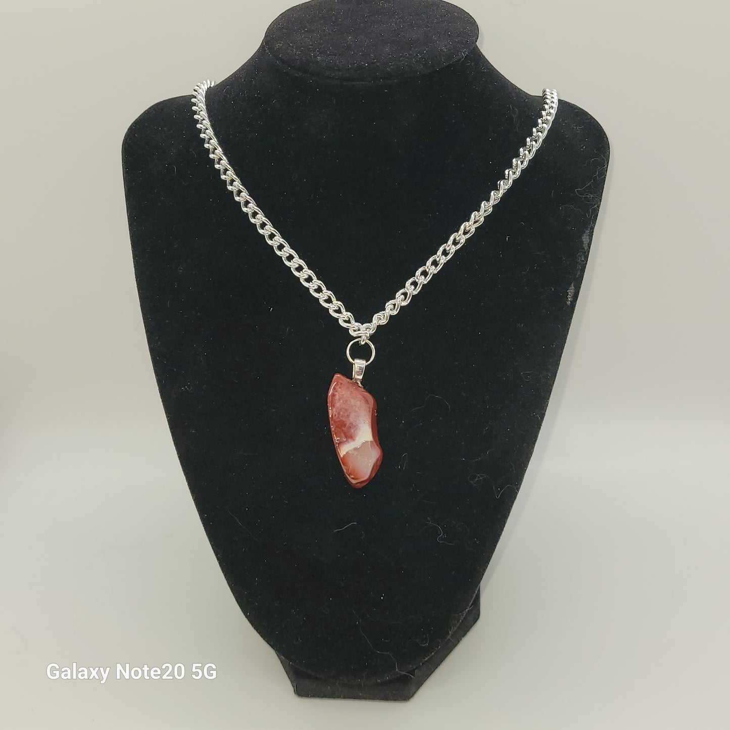 Handcrafted Red Jasper with White Quartz stripe Pendant Necklace, thick silver toned chain, 18 inch chain