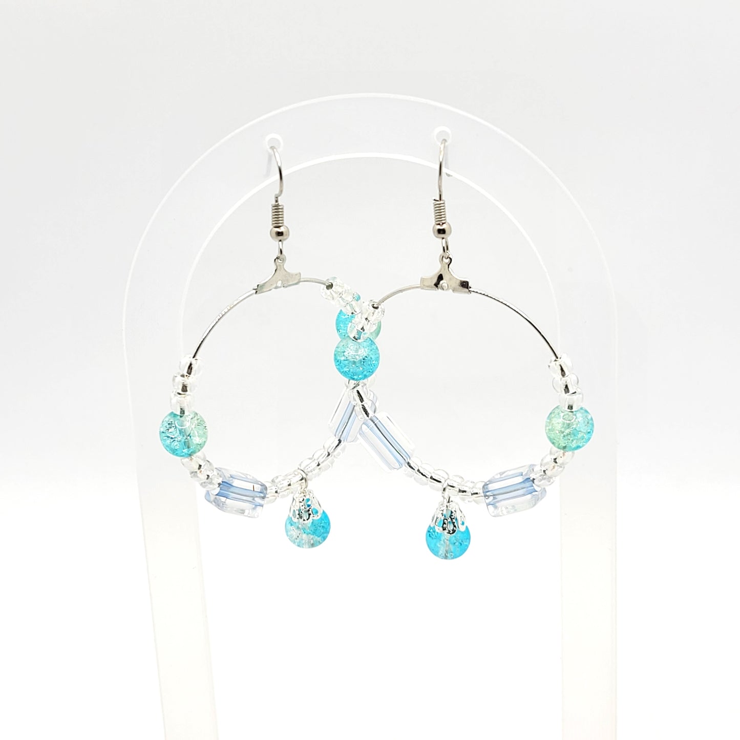 Handcrafted Teal Beaded and Silver Toned Dangle Earrings