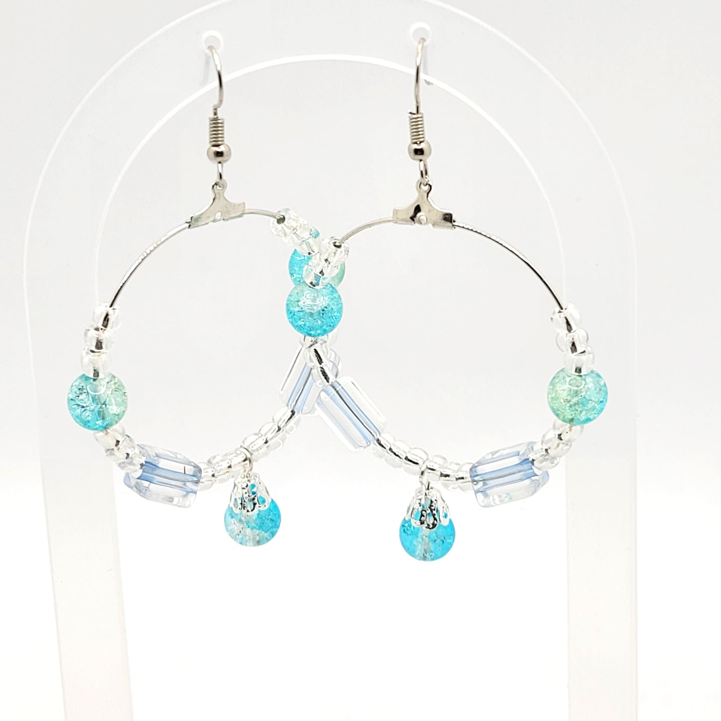 Handcrafted Teal Beaded and Silver Toned Dangle Earrings