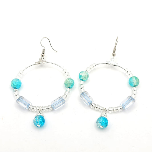 Handcrafted Teal Beaded and Silver Toned Dangle Earrings