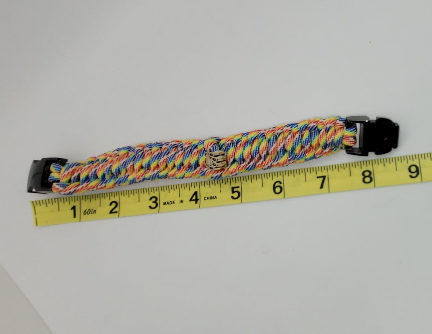 Rainbow Colored, Paracord, Bracelet, Silver Paw Bead, Black Buckle,  9 Inches, Woven, Veteran Made, PTSD Therapy, Pet Love