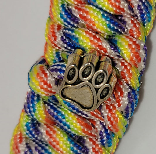 Rainbow Colored, Paracord, Bracelet, Silver Paw Bead, Black Buckle,  9 Inches, Woven, Veteran Made, PTSD Therapy, Pet Love