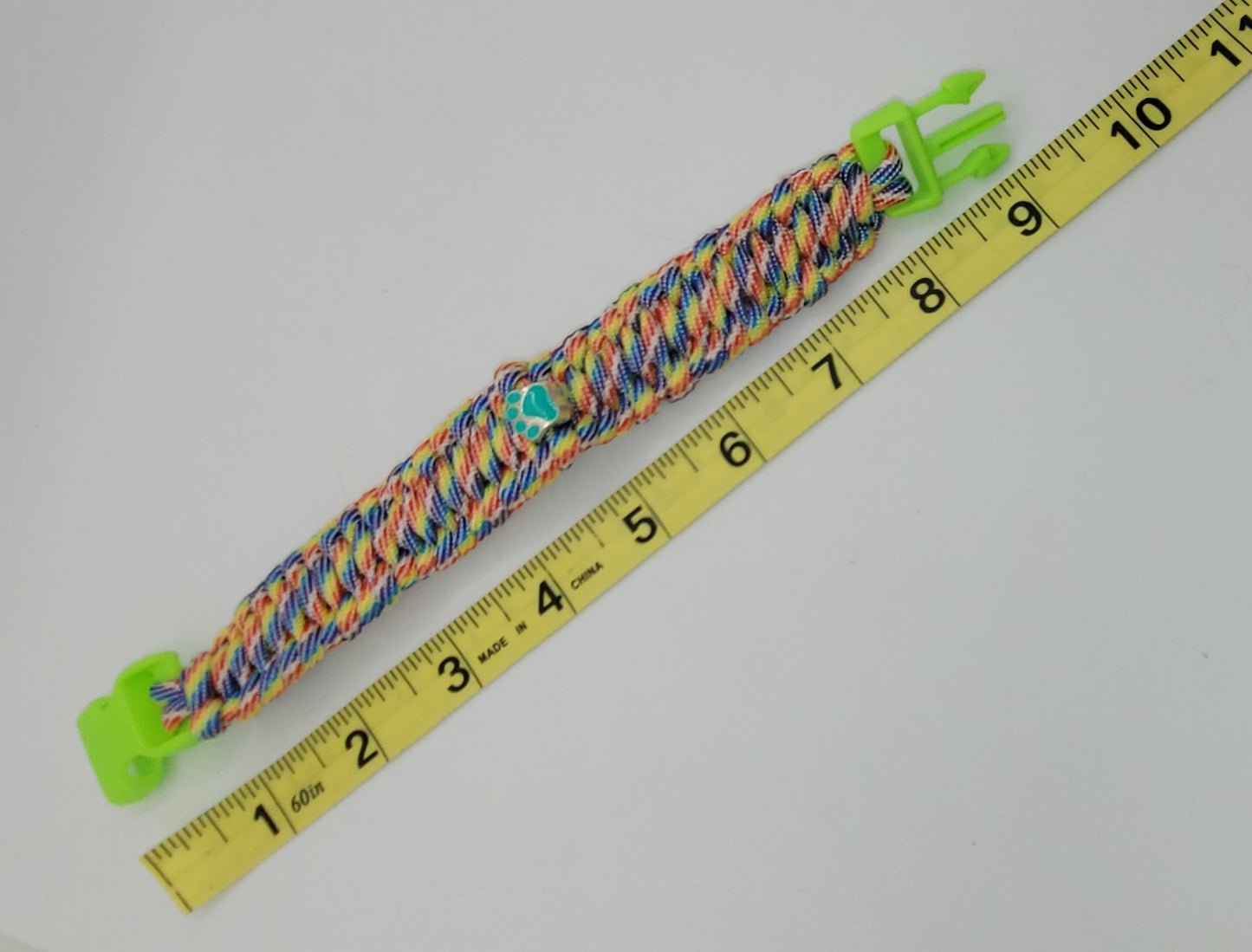 Rainbow Colored, Paracord, Bracelet, Aqua Paw Bead, Bright Green Buckle,  9 Inches, Woven, Veteran Made, PTSD Therapy, Pet Love