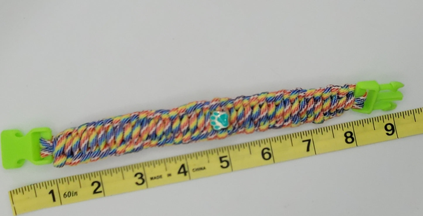 Rainbow Colored, Paracord, Bracelet, Aqua Paw Bead, Bright Green Buckle,  9 Inches, Woven, Veteran Made, PTSD Therapy, Pet Love