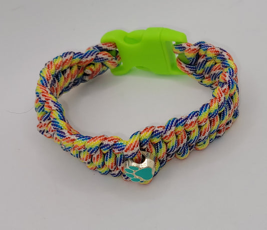 Rainbow Colored, Paracord, Bracelet, Aqua Paw Bead, Bright Green Buckle,  9 Inches, Woven, Veteran Made, PTSD Therapy, Pet Love