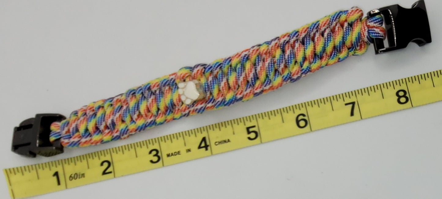 Rainbow Colored, Paracord, Bracelet, White Paw Bead, Black Buckle, 9 Inches, Woven, Veteran Made, PTSD Therapy, Pet Love