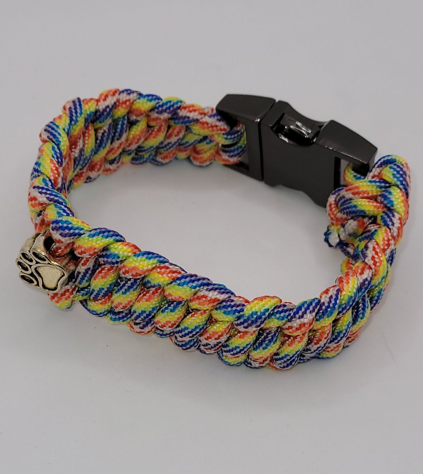 Rainbow Colored, Paracord, Bracelet, White Paw Bead, Black Buckle, 9 Inches, Woven, Veteran Made, PTSD Therapy, Pet Love