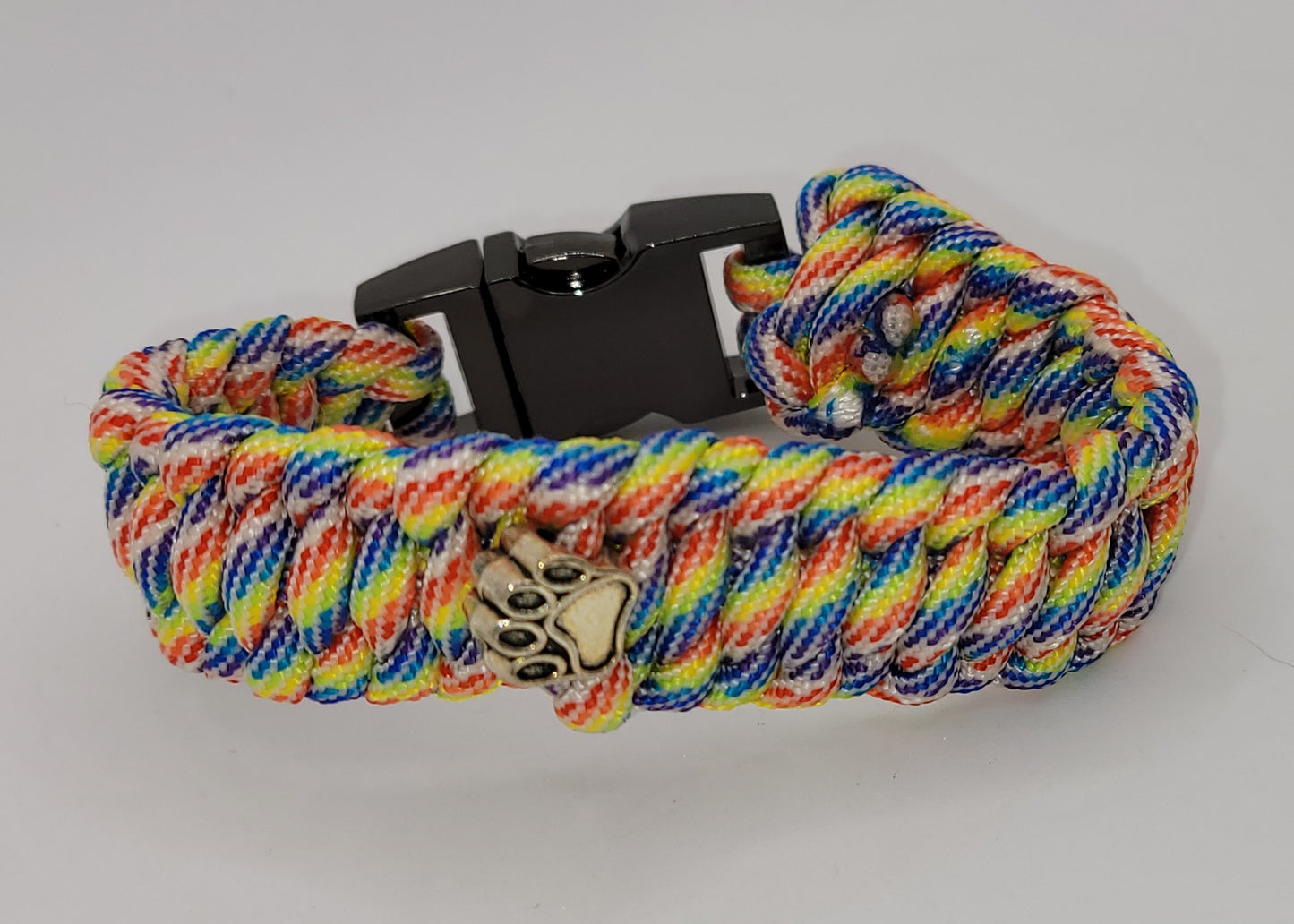 Rainbow Colored, Paracord, Bracelet, White Paw Bead, Black Buckle, 9 Inches, Woven, Veteran Made, PTSD Therapy, Pet Love