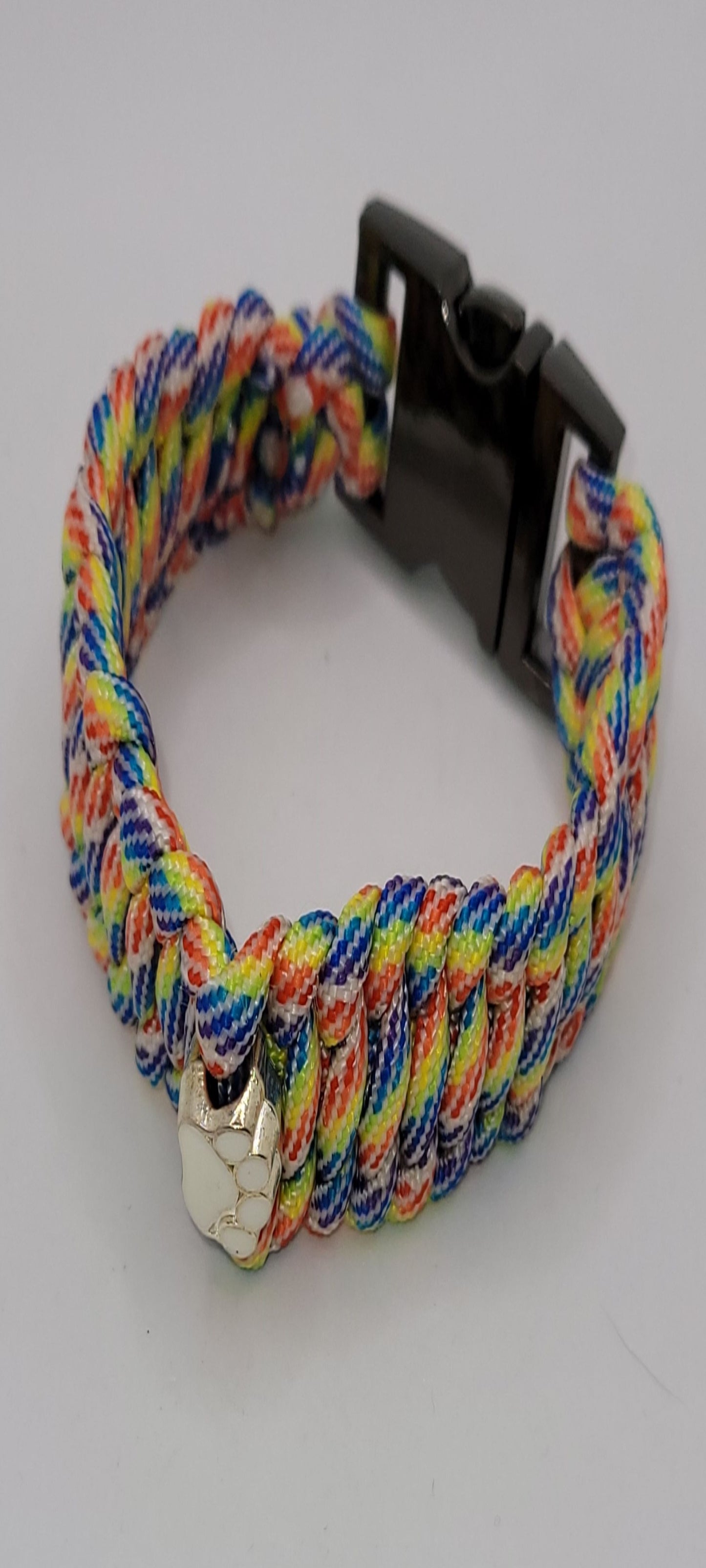 Rainbow Colored, Paracord, Bracelet, White Paw Bead, Black Buckle, 9 Inches, Woven, Veteran Made, PTSD Therapy, Pet Love