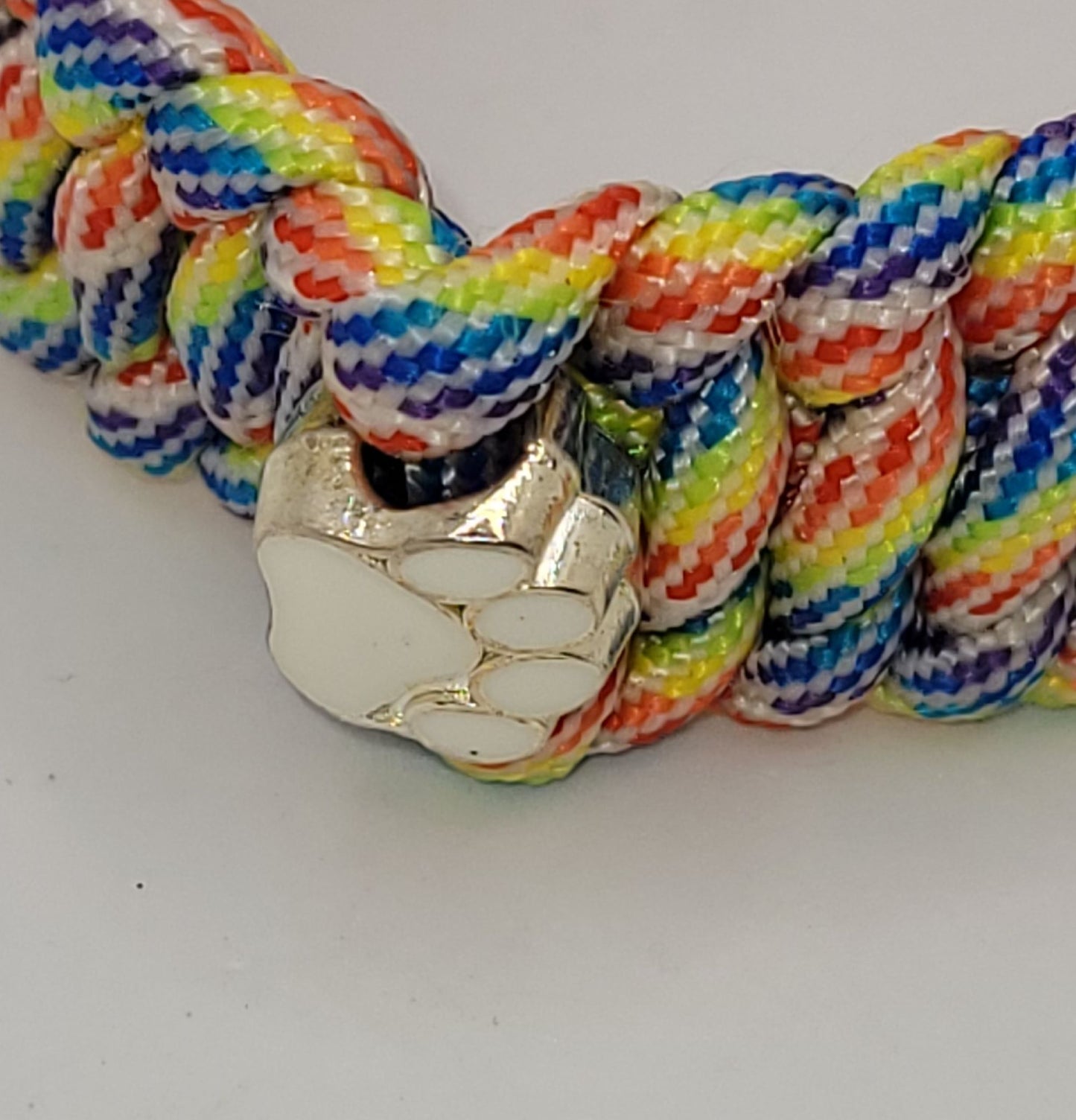 Rainbow Colored, Paracord, Bracelet, White Paw Bead, Black Buckle, 9 Inches, Woven, Veteran Made, PTSD Therapy, Pet Love