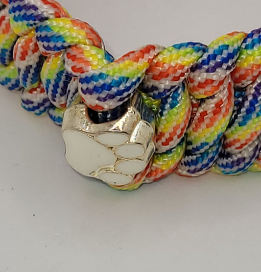 Rainbow Colored, Paracord, Bracelet, White Paw Bead, Black Buckle, 9 Inches, Woven, Veteran Made, PTSD Therapy, Pet Love