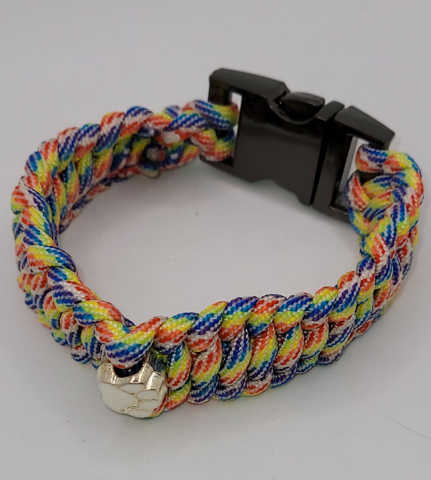 Rainbow Colored, Paracord, Bracelet, White Paw Bead, Black Buckle, 9 Inches, Woven, Veteran Made, PTSD Therapy, Pet Love