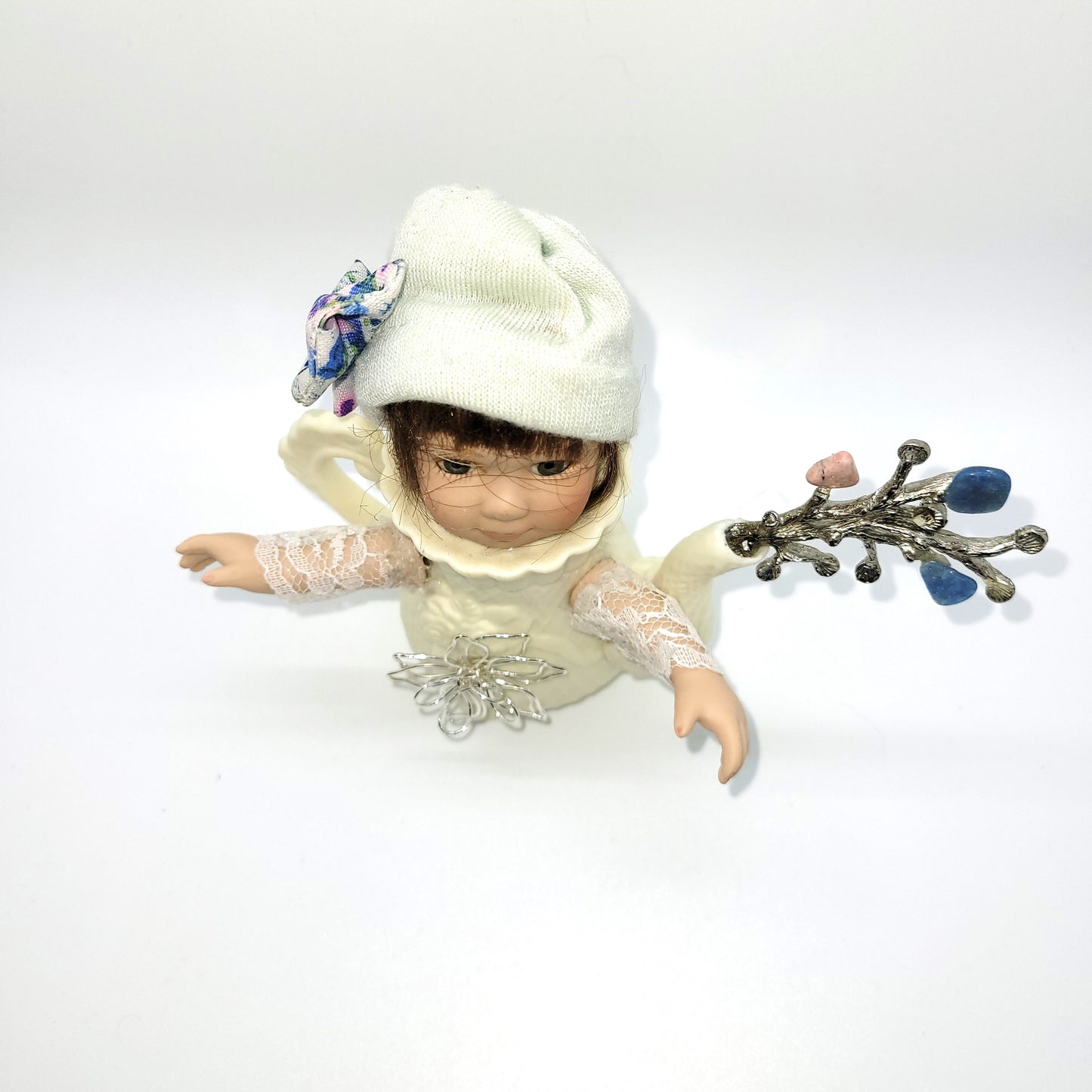 Altered Doll Art Assemblage, OOAK, Great conversation starter, Repurposed Doll, Bejeweled, Recycled Dishes, 6 Inch Tall Statue