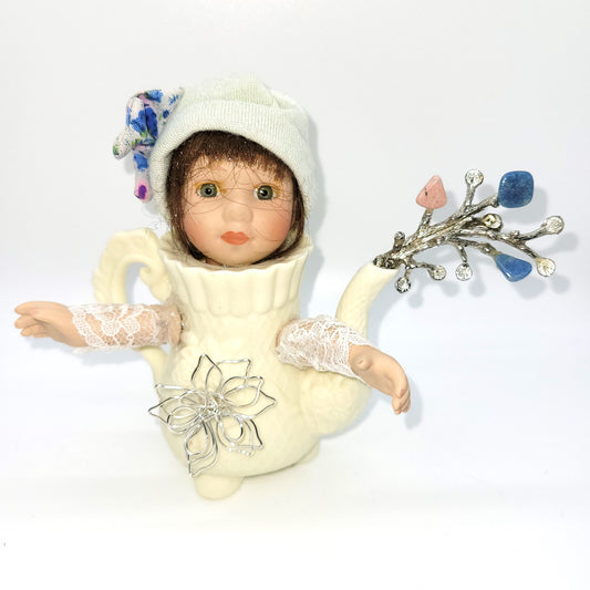 Altered Doll Art Assemblage, OOAK, Great conversation starter, Repurposed Doll, Bejeweled, Recycled Dishes, 6 Inch Tall Statue