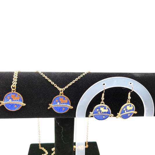 Handcrafted 3 piece Jewelry Set, Necklace, Bracelet, Earrings, Kitty Cat with Blue Moon