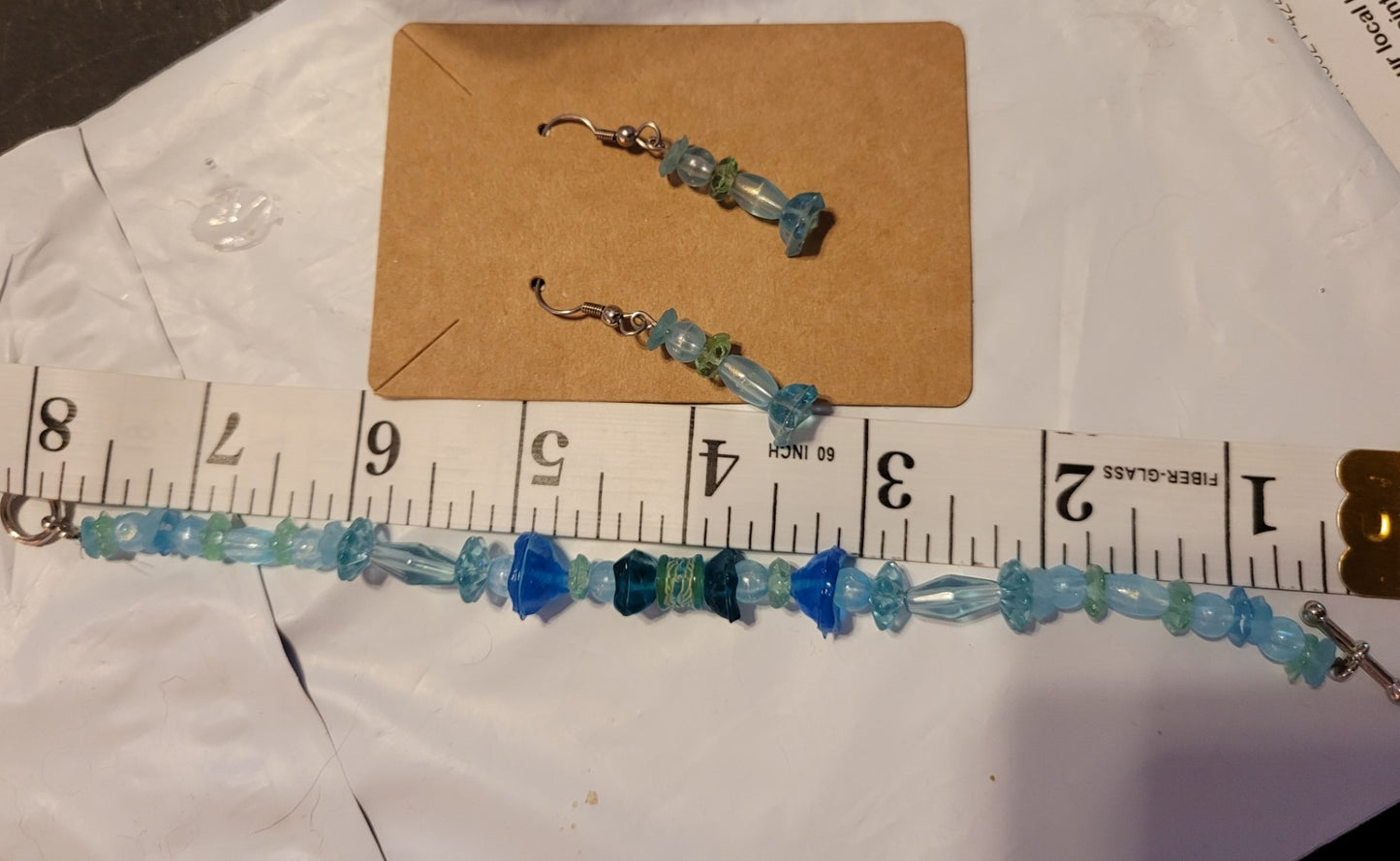 Boho, Earrings, Bracelet, Light Blue, Dangling earrings, matching bracelet, Recycled, Upcycled Jewelry, Repurposed Goods, Set