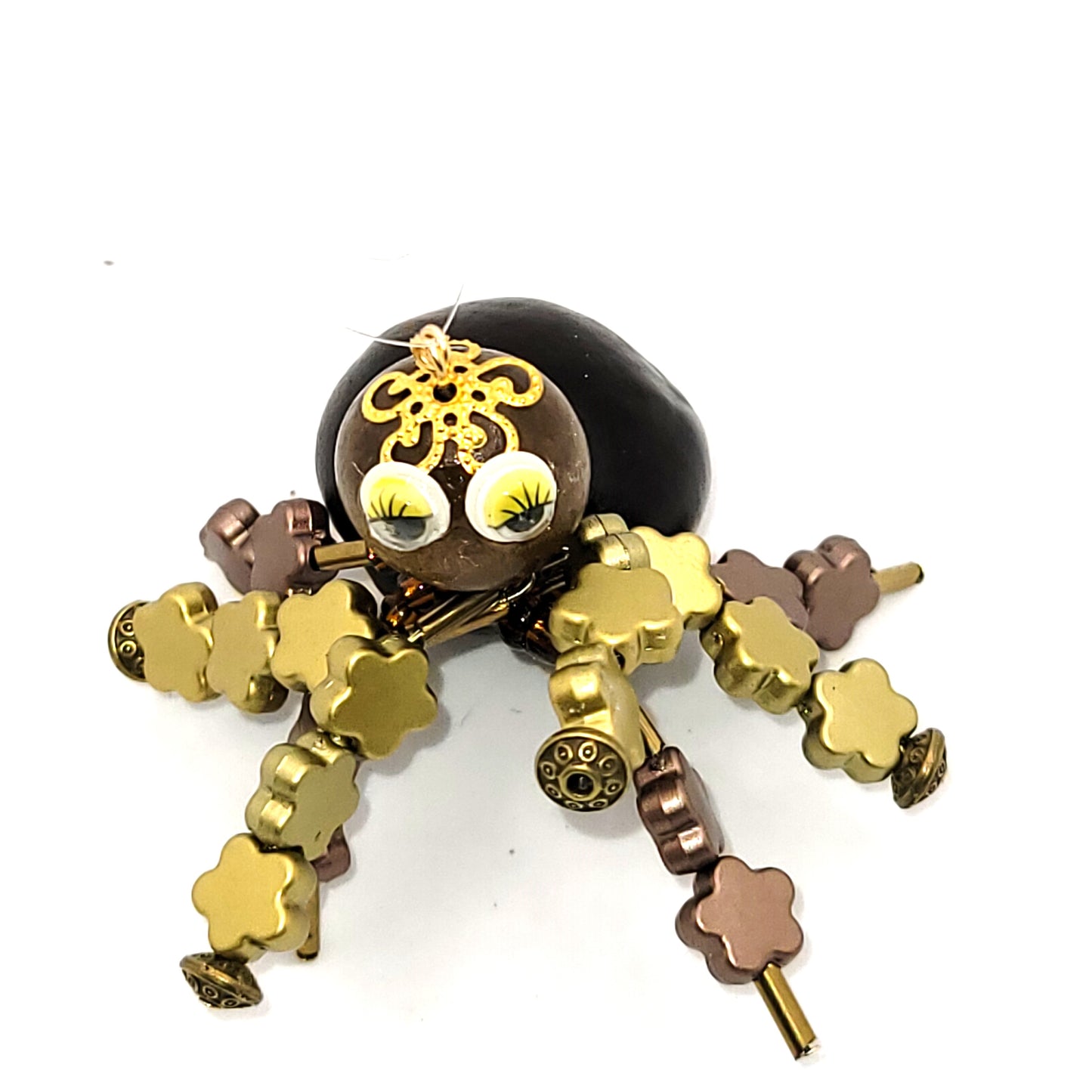 Christmas Spider, Tree Decoration, with Star bead legs, Brown, gold, beads