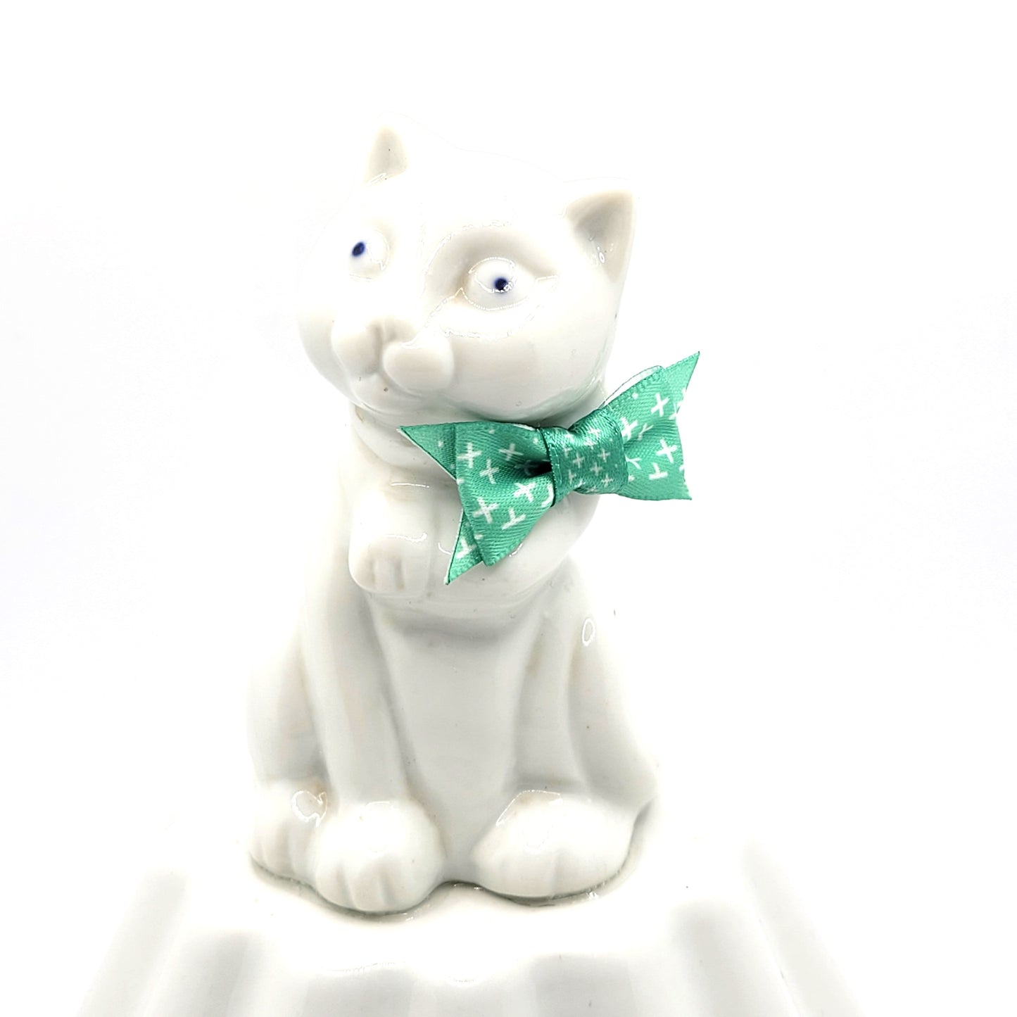 Kitty with Green Bow, OOAK Altered Art Statue, 6 inches tall